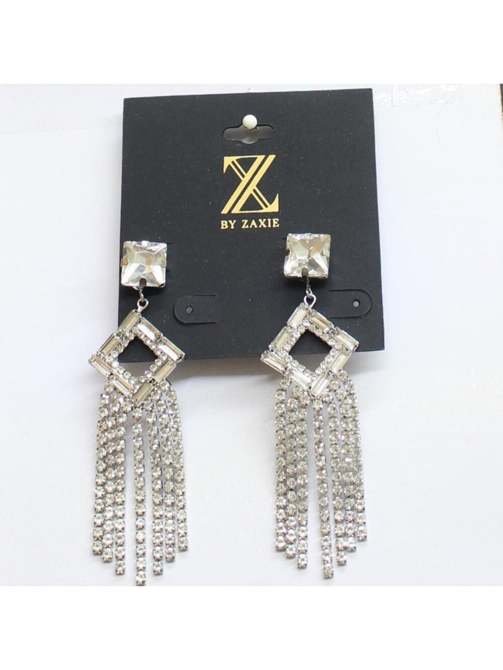 NWT Z by Zaxie Fringe Diamond Frame Post Earrings Silver Gray / Clear 3.5"